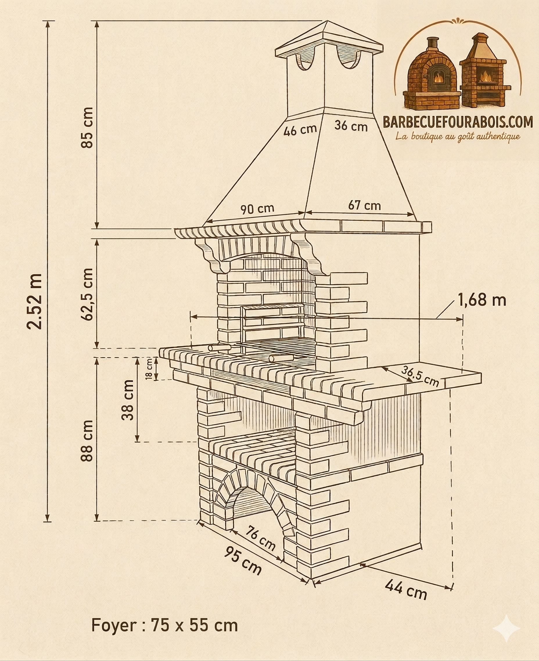 Calabria 206G – Barbecue traditionnel brique & pierre reconstituée avec tablette – grilloir 70 cm