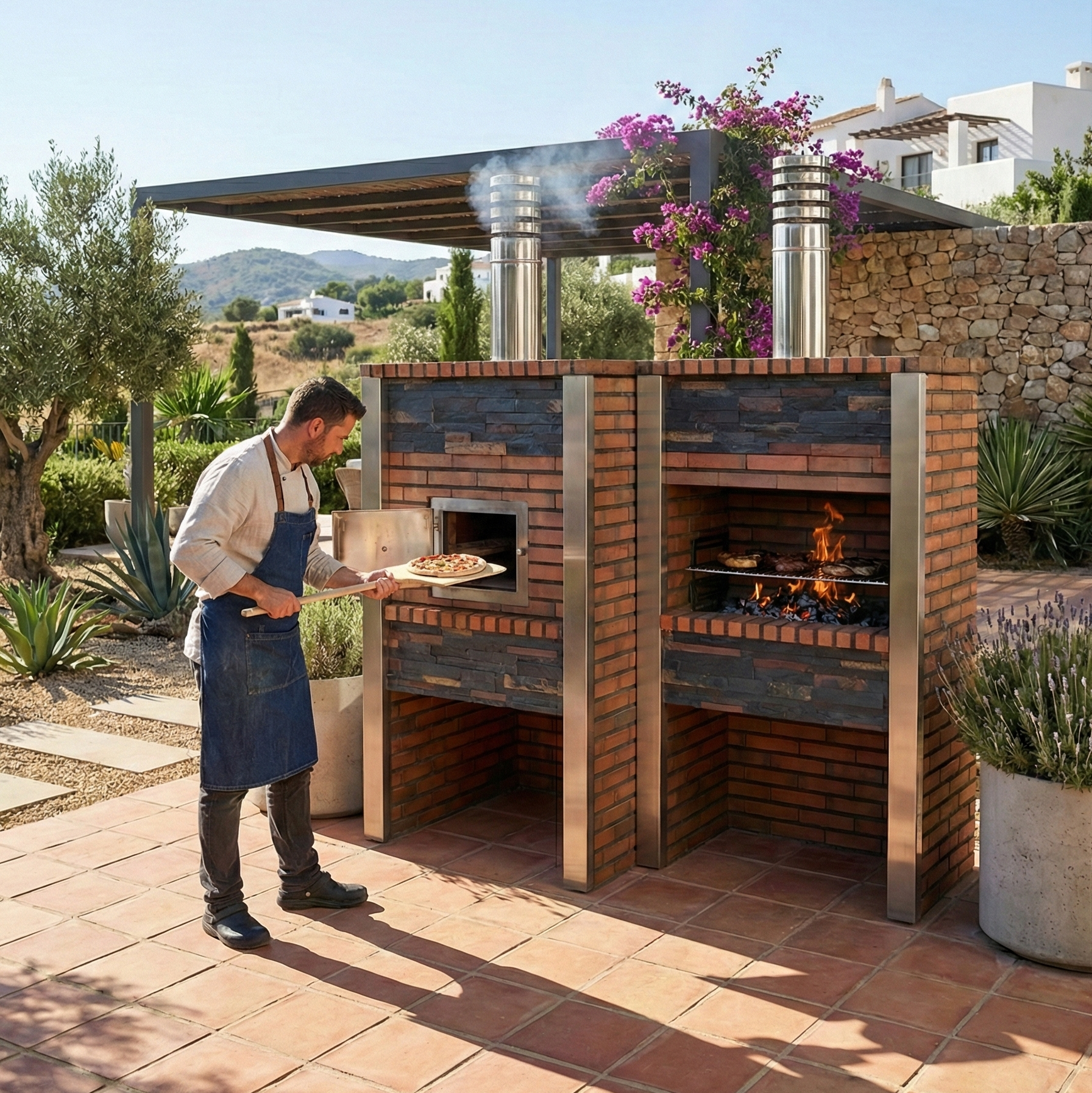 Chef cuisinant une pizza dans un grand four à bois et barbecue d'extérieur en briques et pierres, installé sur une terrasse de jardin méditerranéen ensoleillé avec pergola et bougainvillea.