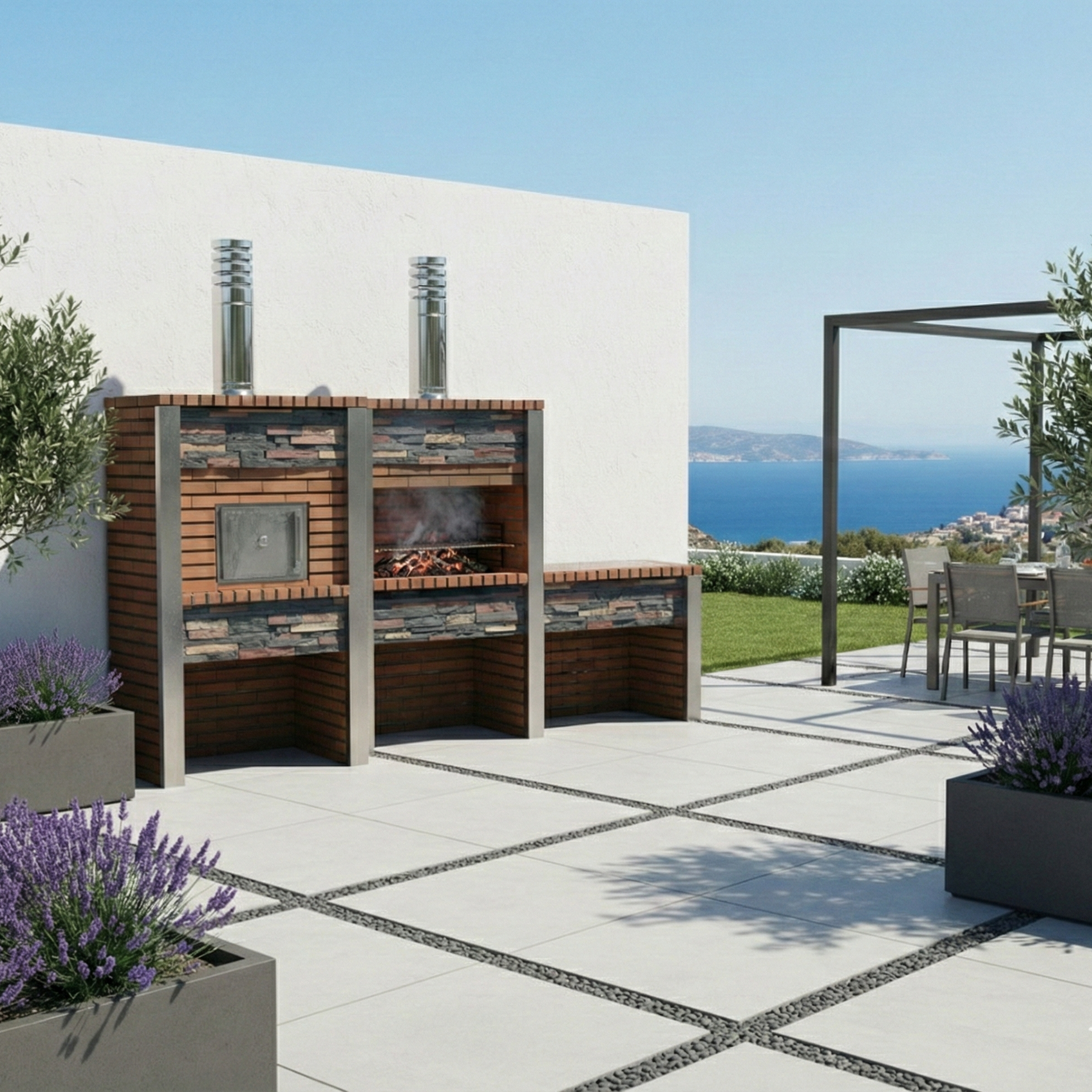 Inoxa 307 – Cuisine extérieure premium en pierre reconstituée avec Four Ø75 cm + barbecue 80×38 et plan en grès
