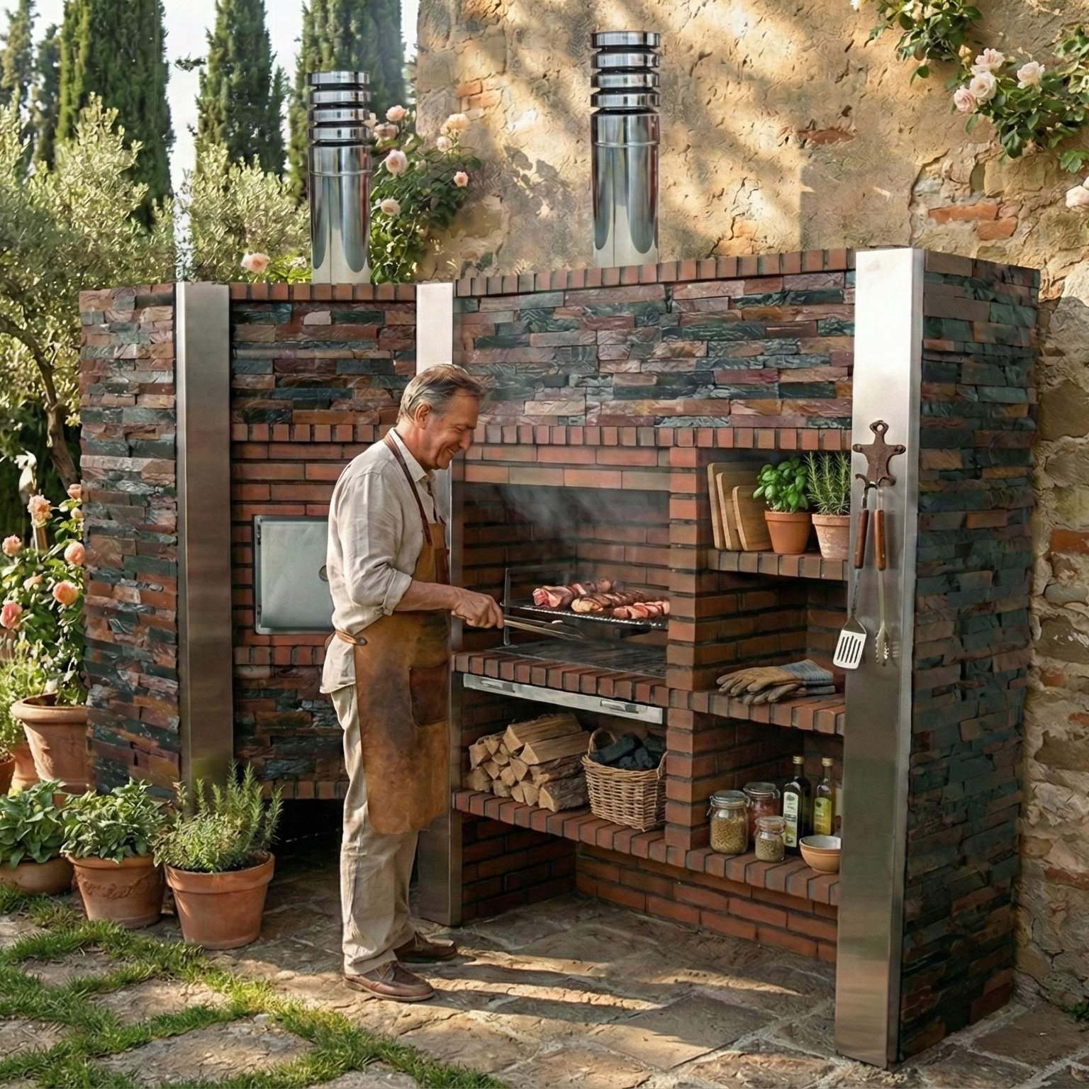 Inoxa 408 (Série 400) – Cuisine extérieure d’angle avec Four Ø75, grill inox 80×38 & plan en grès