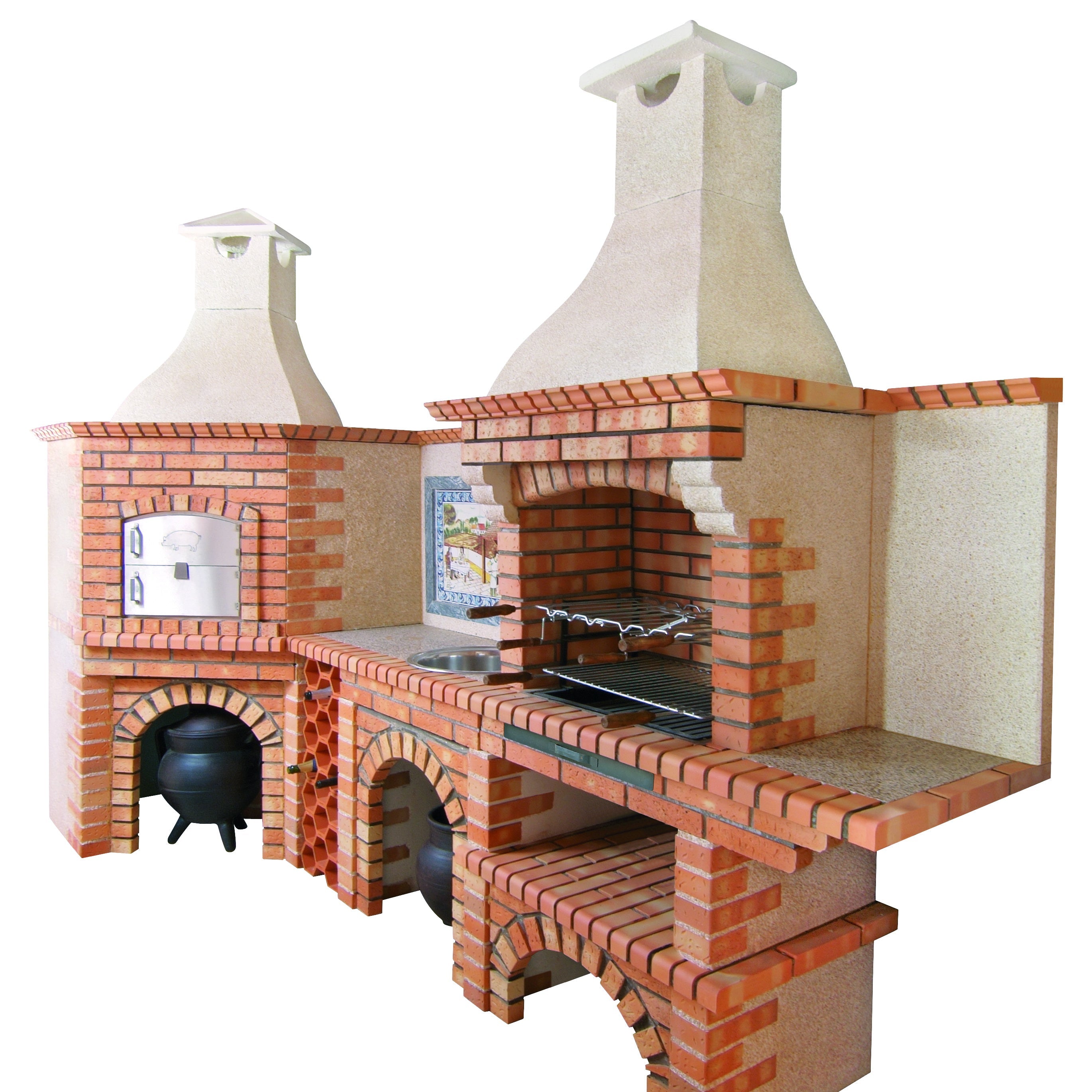 Calabria 1008 – Horno de pizza esquinero con barbacoa y fregadero de acero inoxidable – 350x114 cm