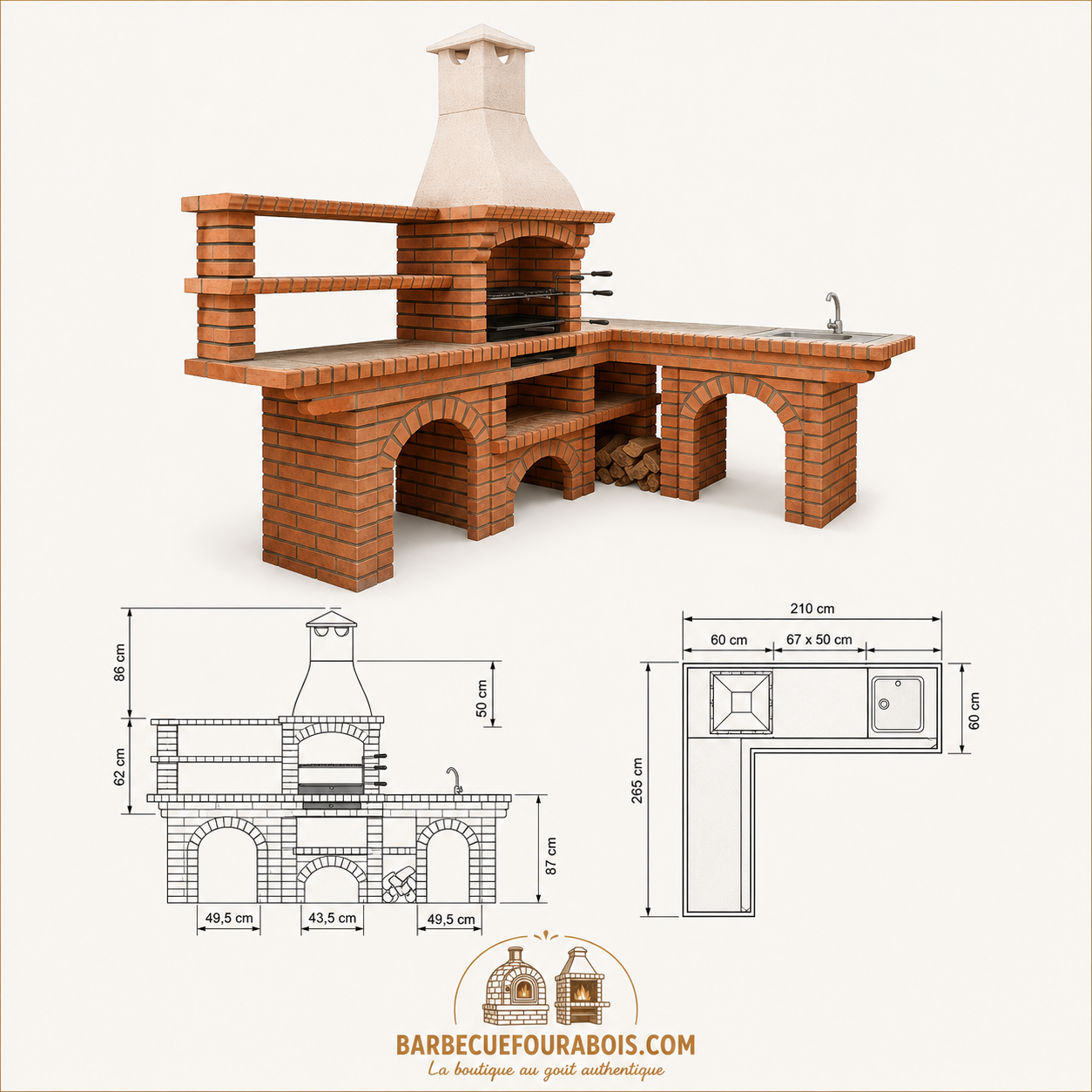 Calabria 702 – Barbecue d’angle en brique & pierre reconstituée avec évier – ouverture 60 cm