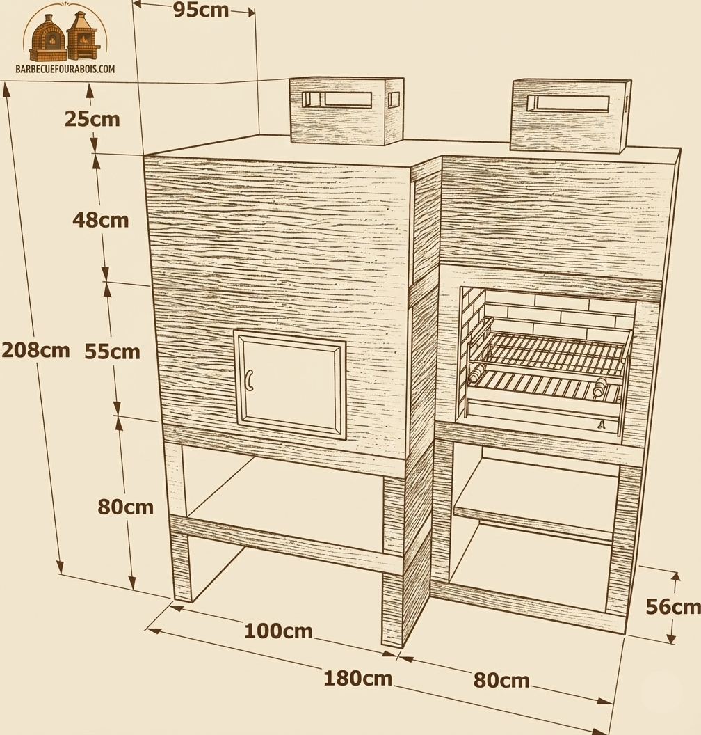 Linea 10F – Barbecue moderne + Four à bois Ø80 cm (grilloir acier 60 cm inclus)