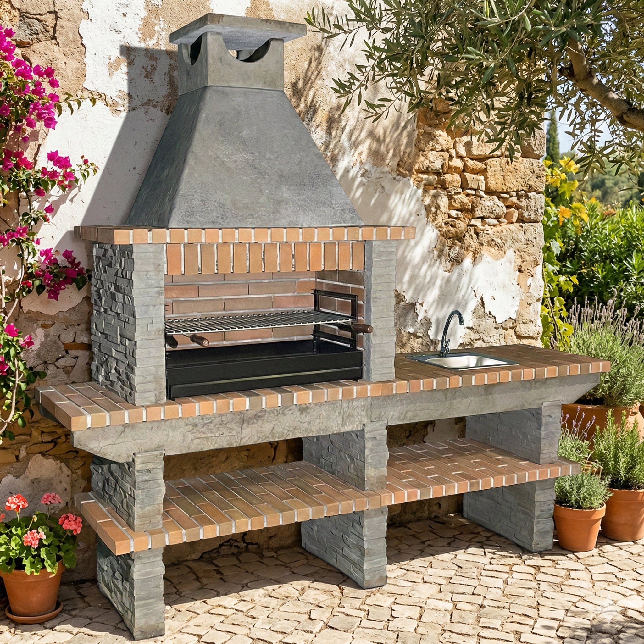 Basalto 380 – Barbecue pierre reconstituée schiste avec extension – Grilloir 80 cm (Gris ou Marron) – Évier inox en option