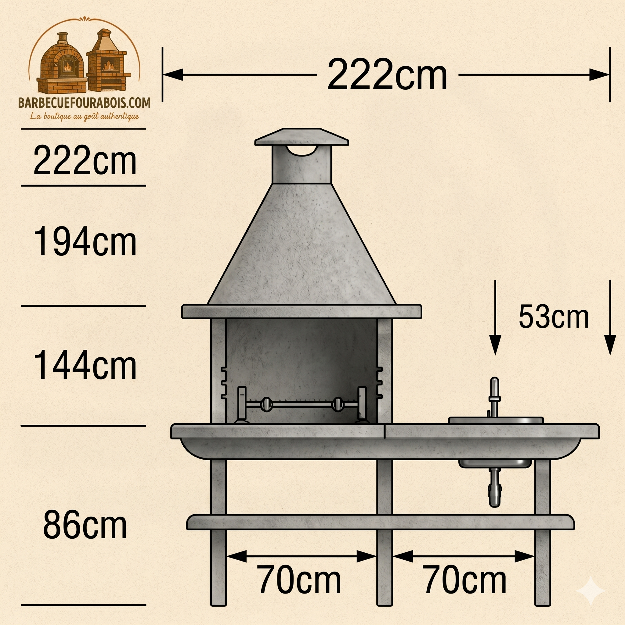 Basalto 360 – Barbacoa de piedra reconstituida de esquisto con fregadero + grifo de acero inoxidable – Parrilla de 60 cm (Gris o Marrón)