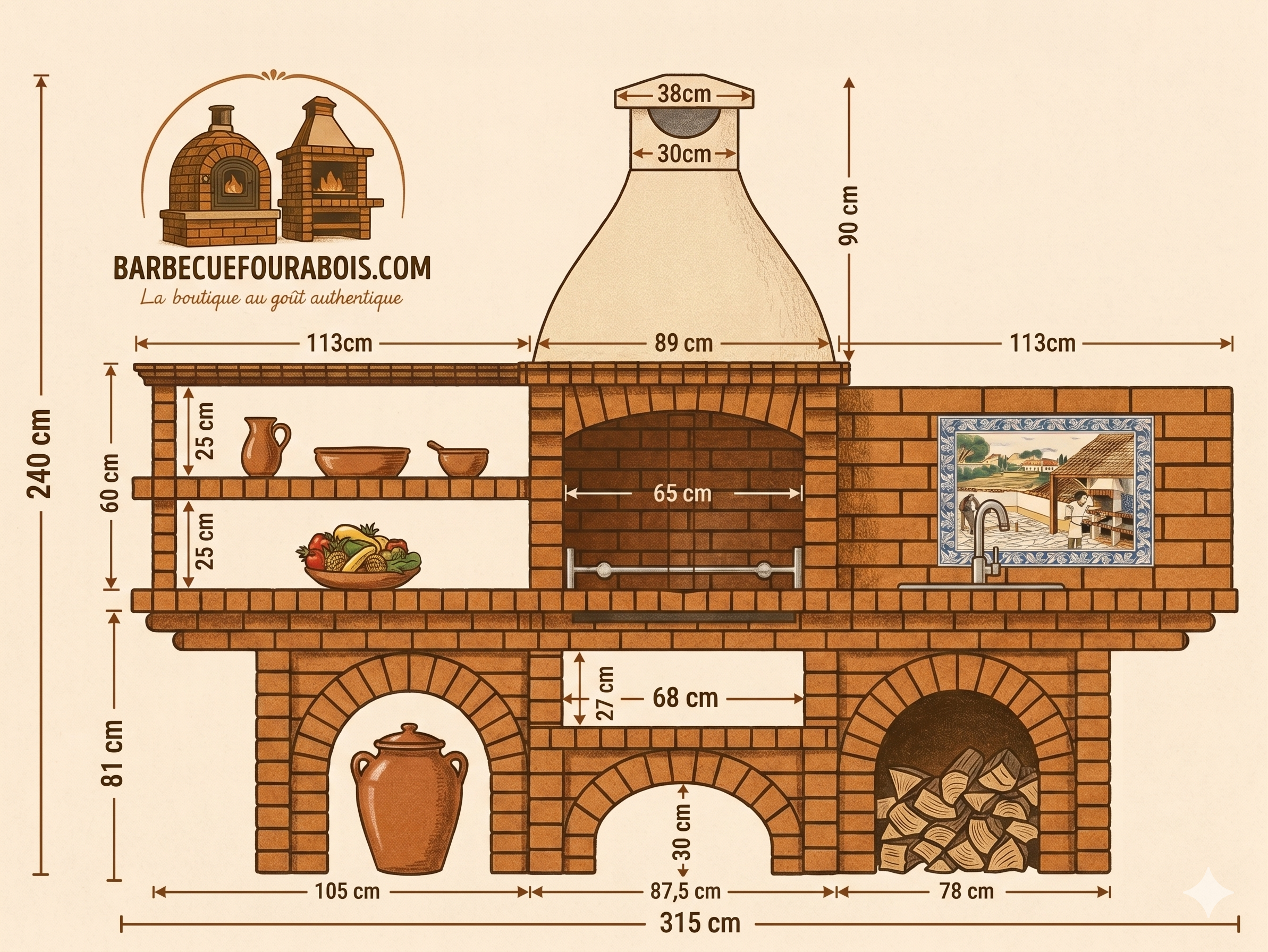 Calabria 601 – Barbacoa de obra de ladrillo con 2 mesas (estantes + fregadero opcionales) – incluye mural