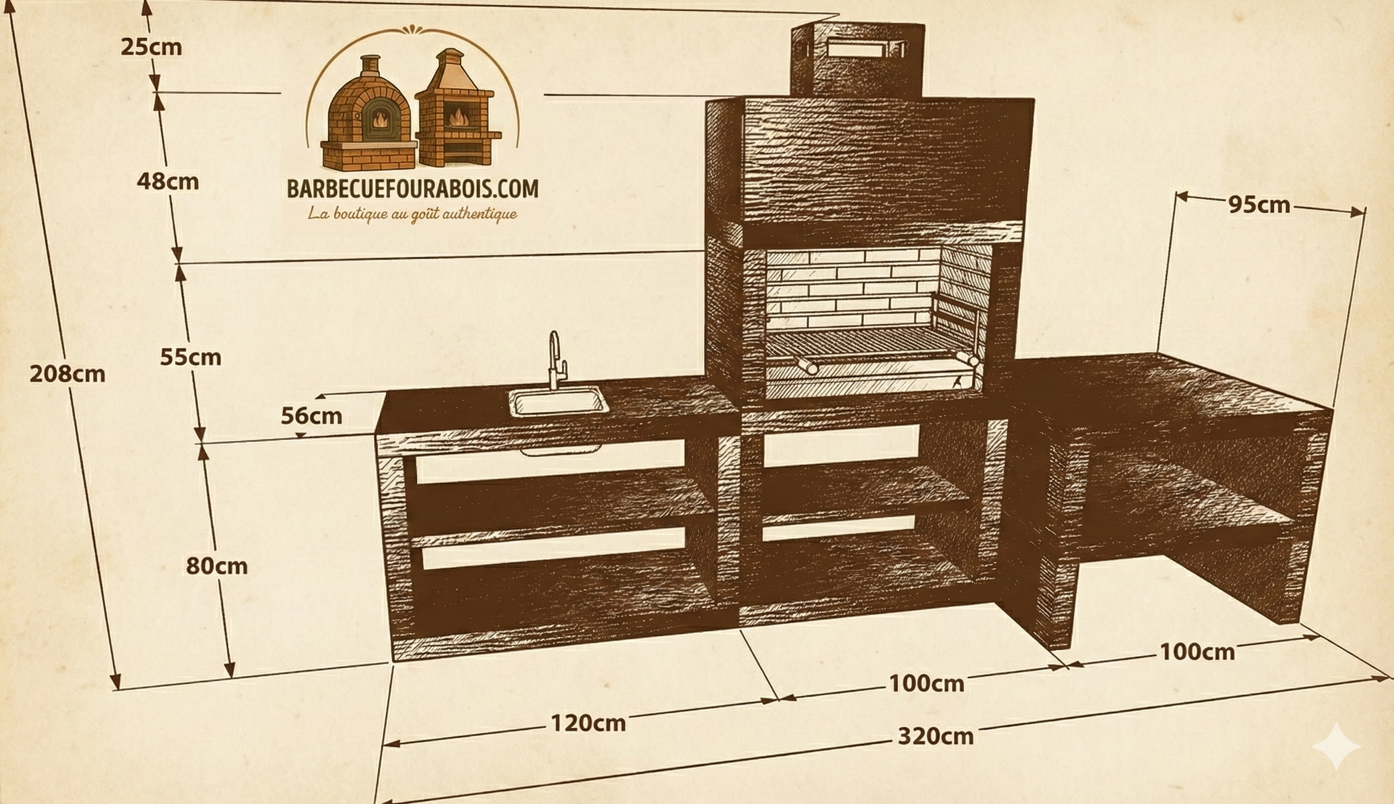 Linea 71F – Cuisine extérieure modulaire avec grill 80 cm + banc four 100×100 (évier optionnel)