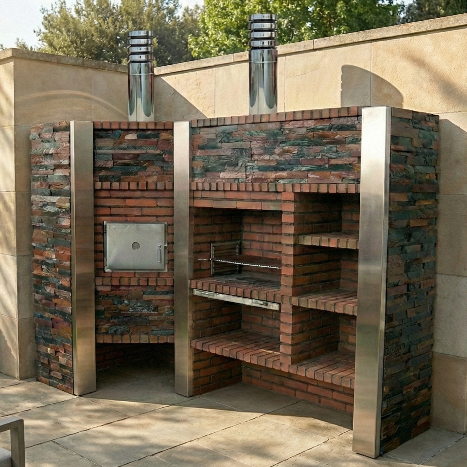 Inoxa 408 (Série 400) – Cuisine extérieure d’angle avec Four Ø75, grill inox 80×38 & plan en grès