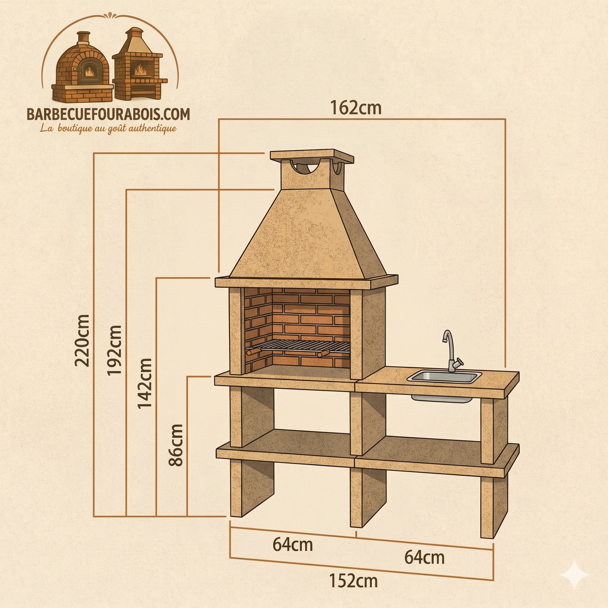 Terra 40 – Barbecue en pierre reconstituée avec grilloir 60 cm et plan de travail (inox en option)