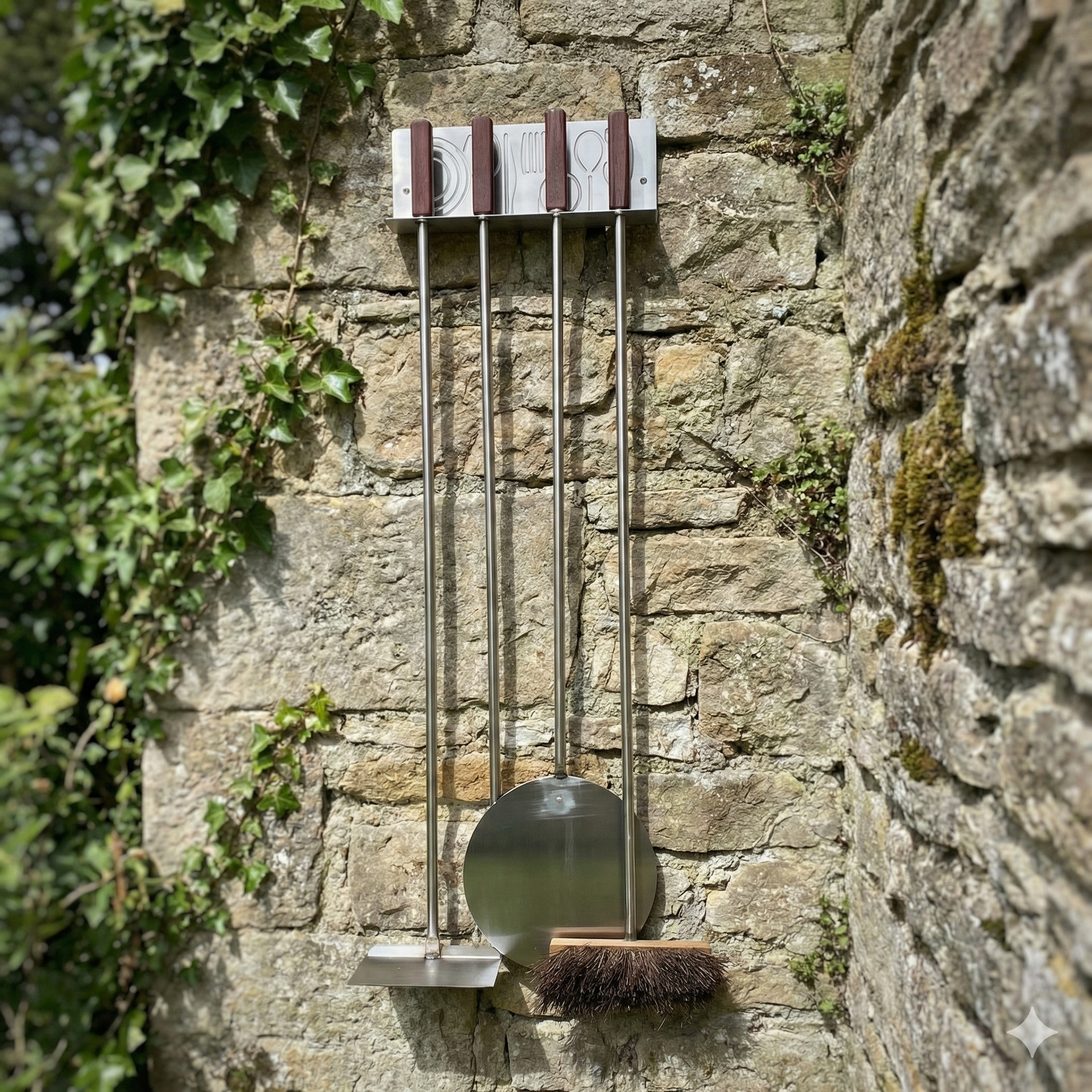 Étui pour four à bois 100% inox – 4 outils + support mural (140 cm)