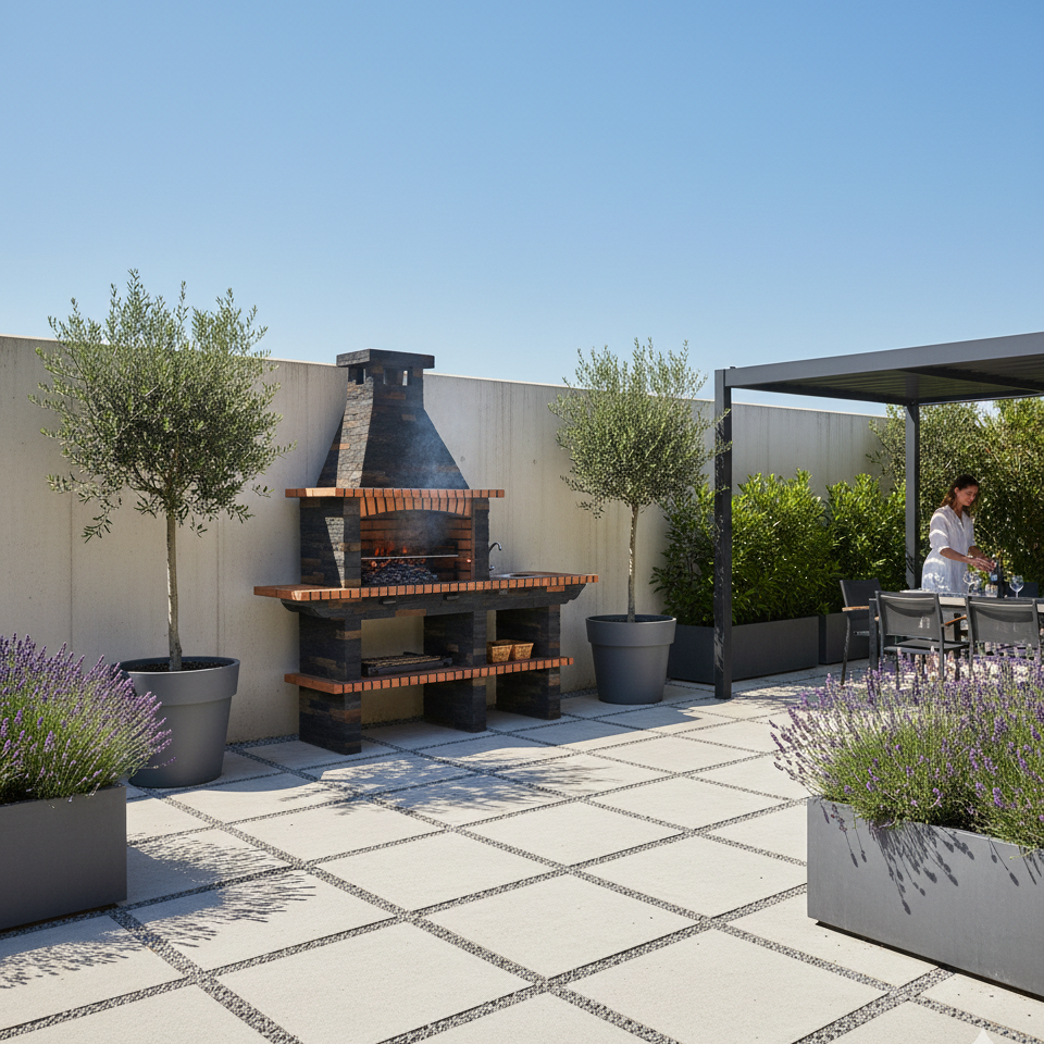 Rustika 208 – Barbecue en pierre reconstituée avec plan de travail & grill 80×38 (évier + robinet en option)