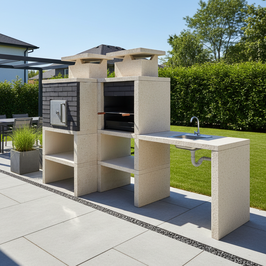 Nexa 614 – Barbecue moderne avec Four Ø75 cm + Évier (réversible) – Grill 60×40 (inox en option)