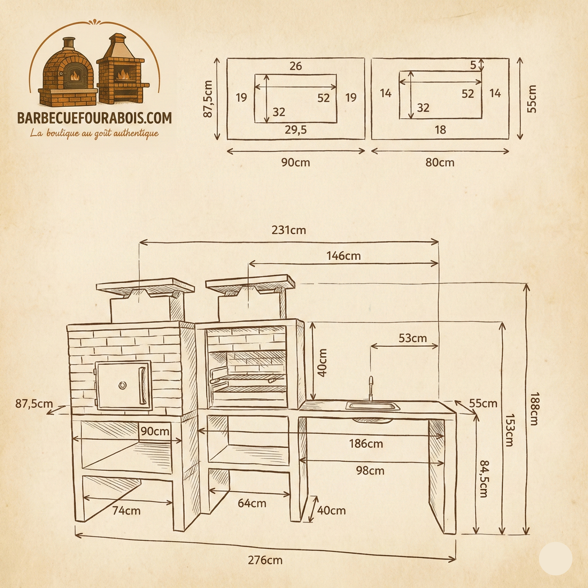 Nexa 614 – Barbacoa moderna con horno de Ø75 cm + Fregadero (reversible) – Parrilla de 60×40 (acero inoxidable opcional)