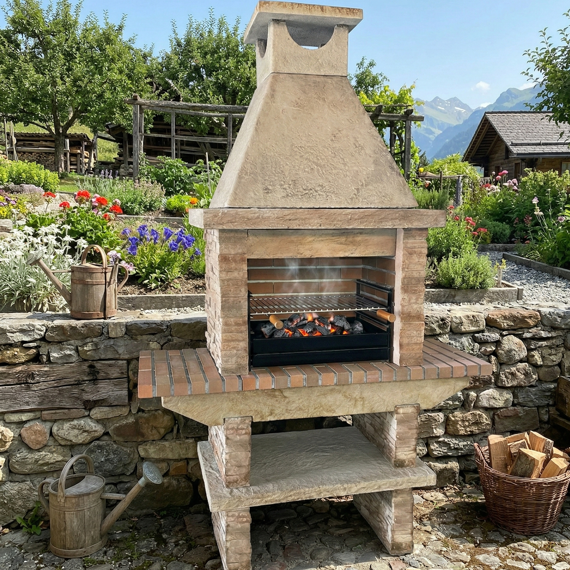 Basalto 260 – Barbecue pierre reconstituée schiste avec tablettes latérales (Gris ou Marron) – Grilloir 60 cm