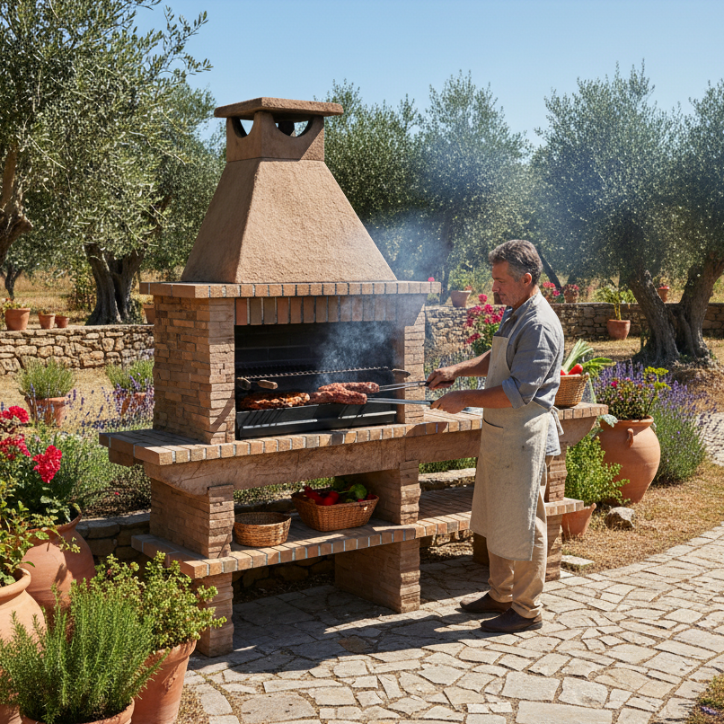 Basalto 380 – Barbecue pierre reconstituée schiste avec extension – Grilloir 80 cm (Gris ou Marron) – Évier inox en option