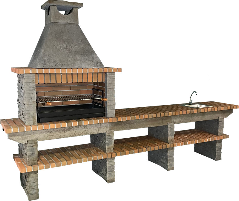 Basalto 480 – Barbacoa de piedra reconstruida imitación pizarra con mesa grande + encimera – Parrilla de 80 cm (Gris o Marrón) – Fregadero de acero inoxidable opcional