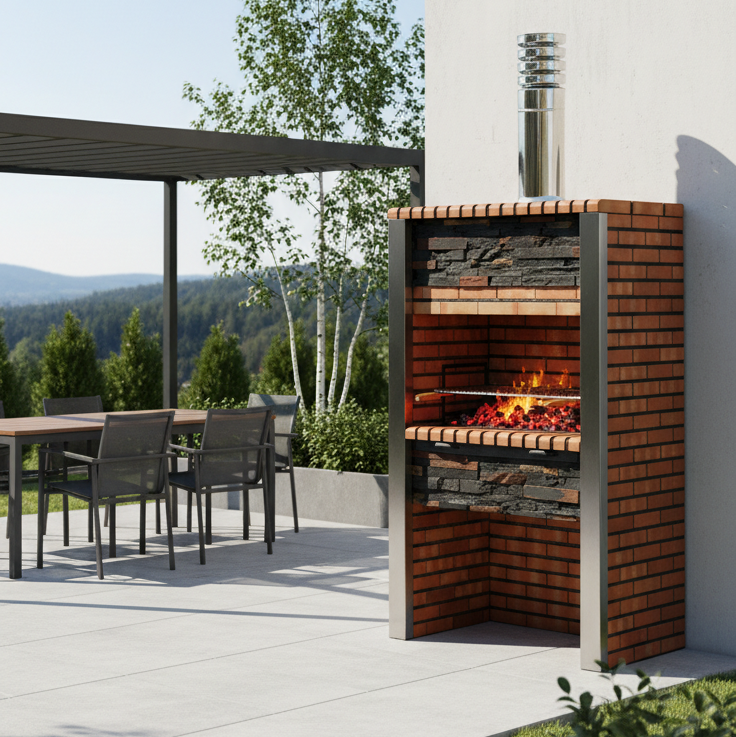 Inoxa 303 – Barbecue premium en pierre reconstituée avec colonnes inox (grill 80×38 cm)