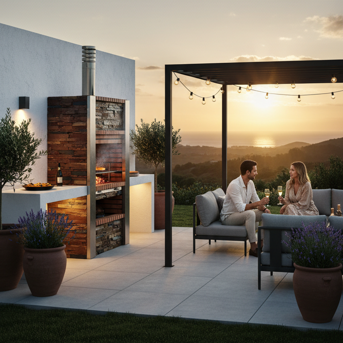 Inoxa 401 – Barbecue premium Série 400 en pierre reconstituée & schiste, colonnes inox (grill inox 80×38 inclus)