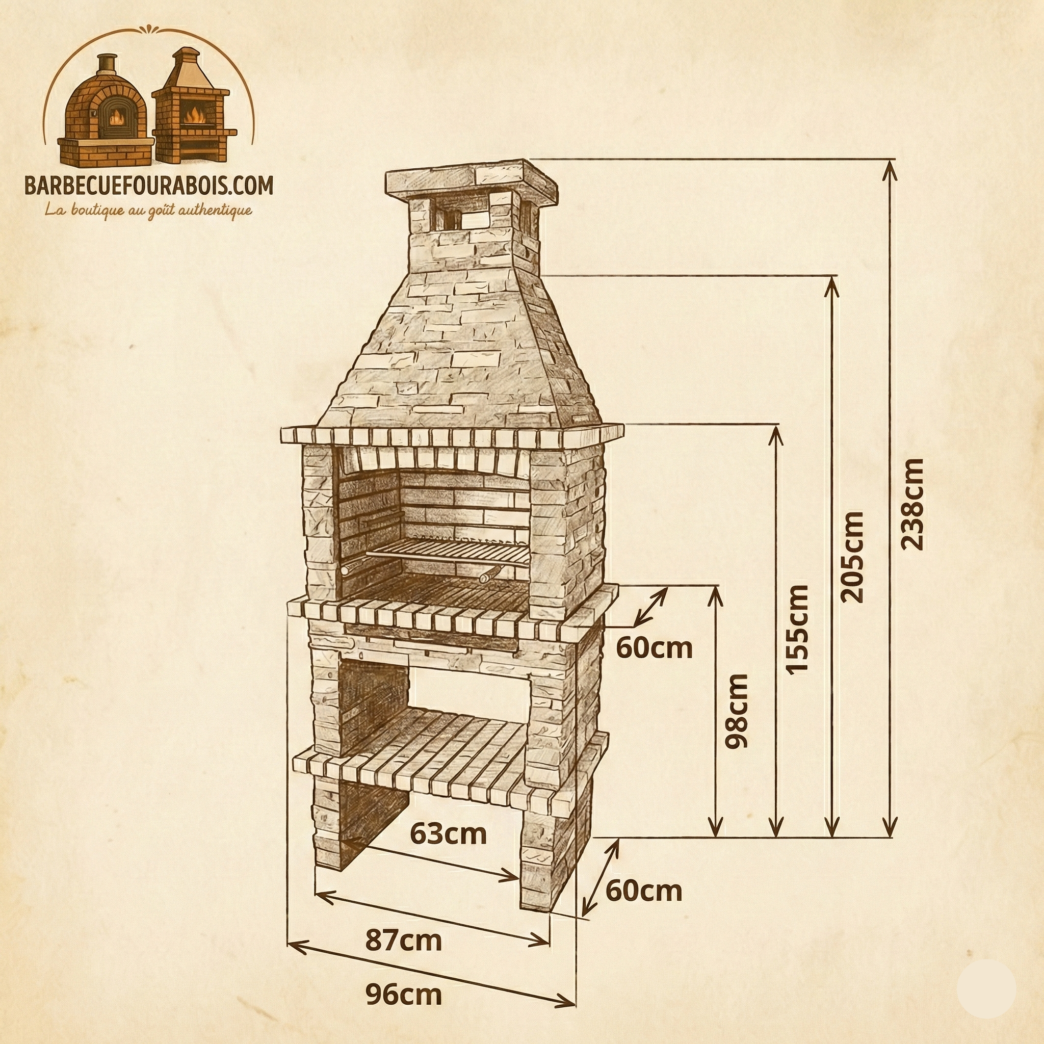 Rustika 201 – Barbacoa de piedra reconstruida (96×87×238 cm) con parrilla de 60×38, 3 niveles (acero inoxidable opcional)