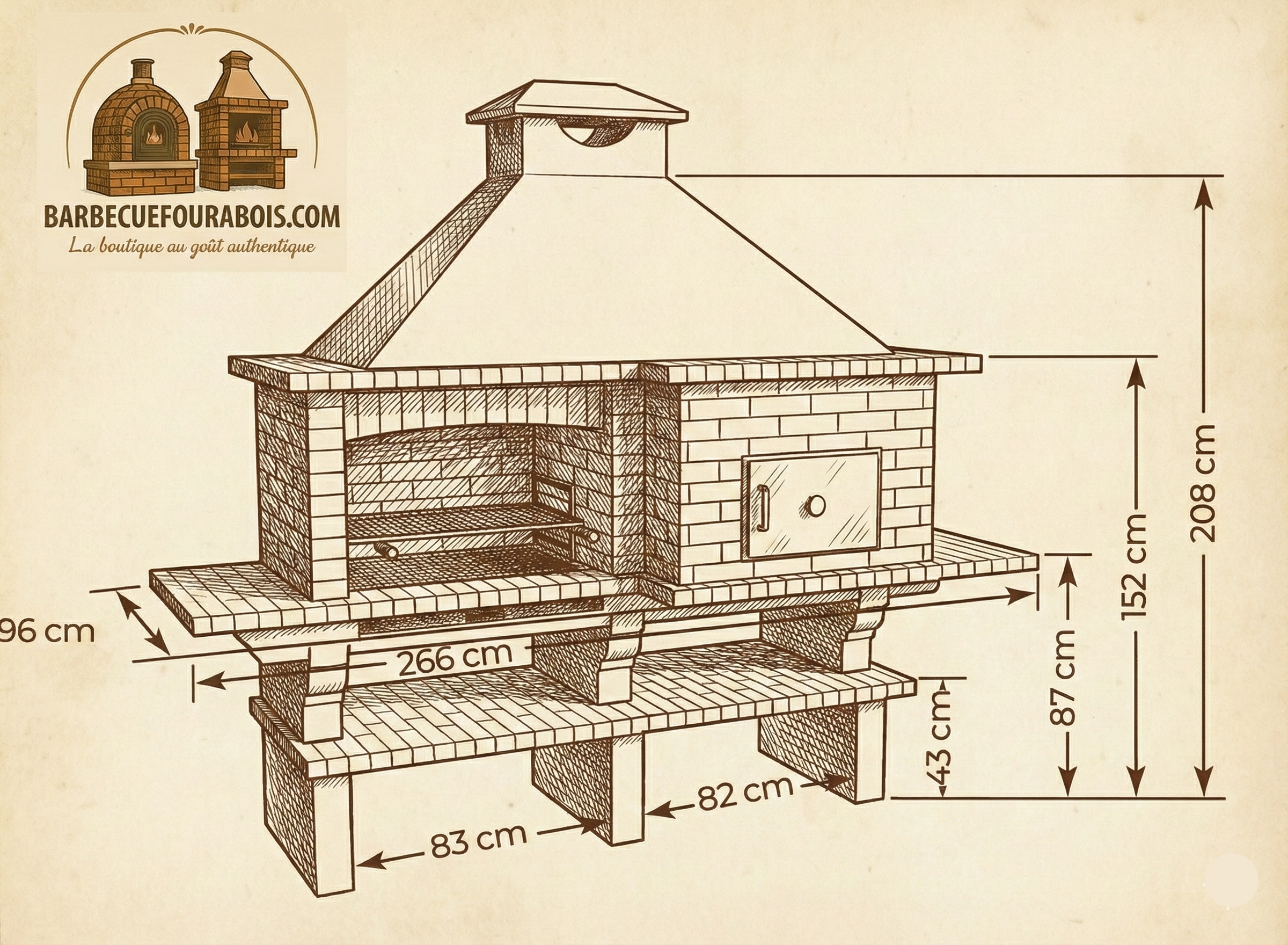 Brava 132 – Barbecue en brique grand format (266×96 cm) avec grilloir 80 cm