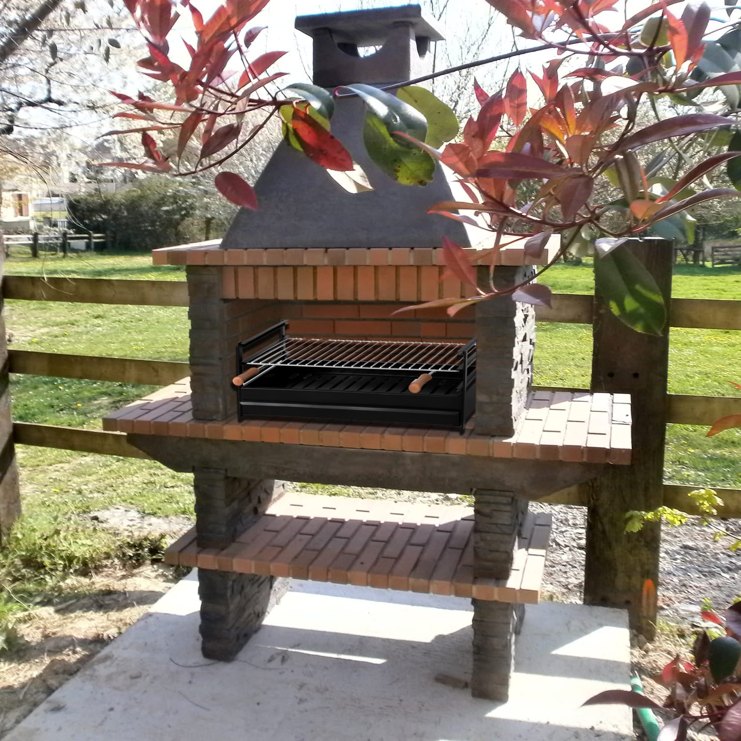 Barbecue pierre reconstituée Basalto 280 – Grilloir 80 cm, tablettes latérales
