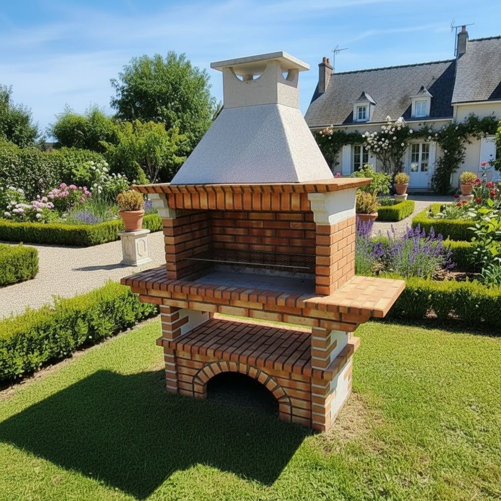 Calabria 325 – Barbacoa tradicional de ladrillo y piedra reconstituida con grandes estantes – parrilla de 90 cm