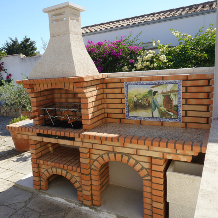 Calabria 502 – Barbacoa de ladrillo con encimera (lado a elegir) – mural incluido (fregadero + parrilla de acero inoxidable opcionales)