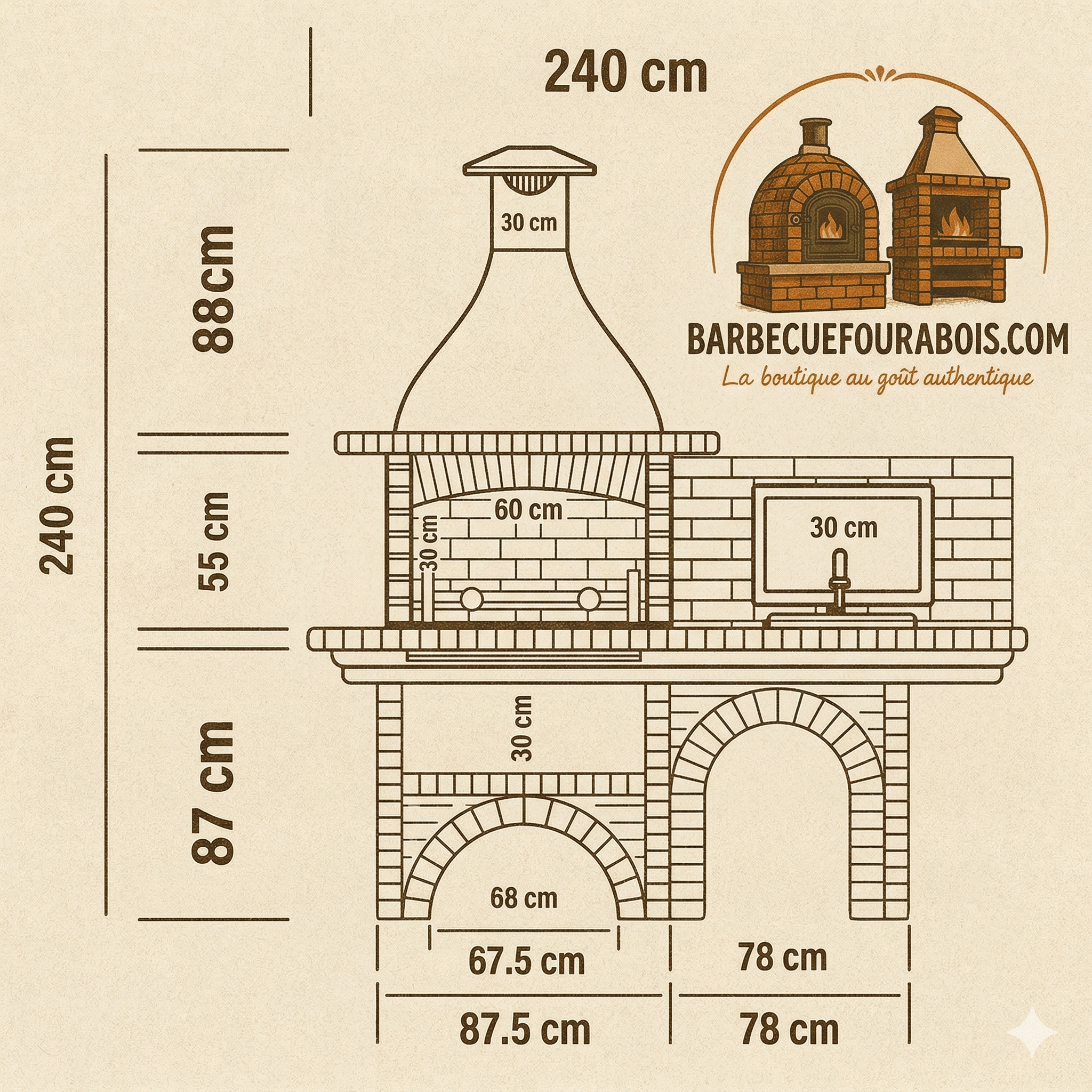 Calabria 502 – Barbacoa de ladrillo con encimera (lado a elegir) – mural incluido (fregadero + parrilla de acero inoxidable opcionales)