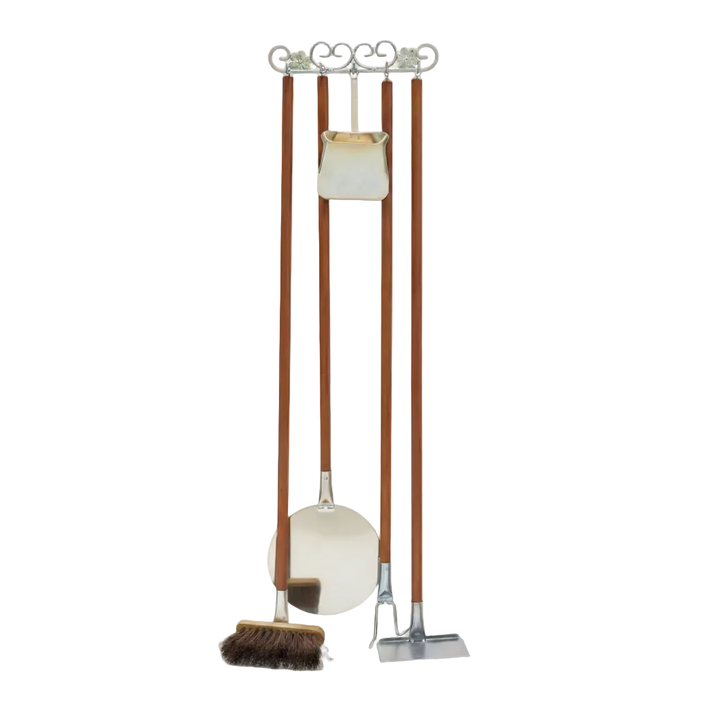Étui pour four à bois – Set d’ustensiles manches en bois & têtes inox + support mural (140 cm)