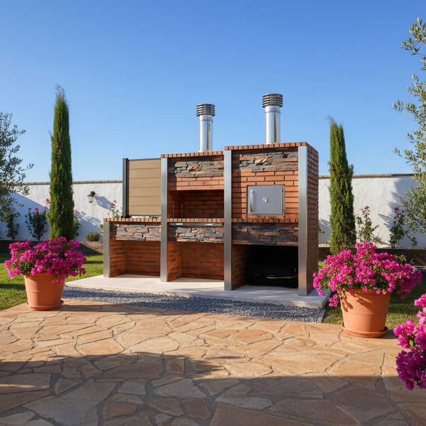 Inoxa 307 – Cuisine extérieure premium en pierre reconstituée avec Four Ø75 cm + barbecue 80×38 et plan en grès