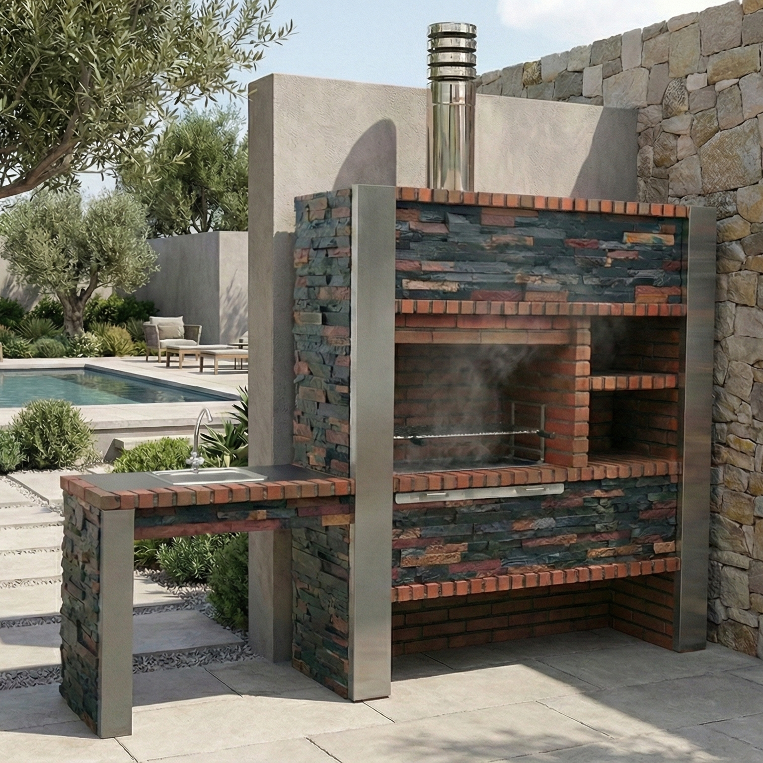 Barbecue luxe en pierre reconstituée avec plan de travail dans un jardin moderne.