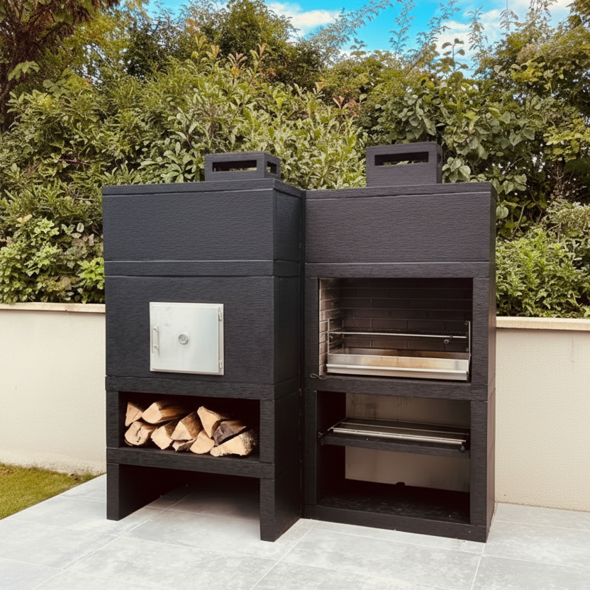 Linea 25F – Barbecue moderne + Four à bois Ø80 cm (kit d’isolation inclus) – grilloir acier 80 cm