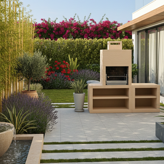 Linea 30 – Cuisine extérieure moderne 200 cm (modules interchangeables) – grilloir acier 60 cm, évier optionnel