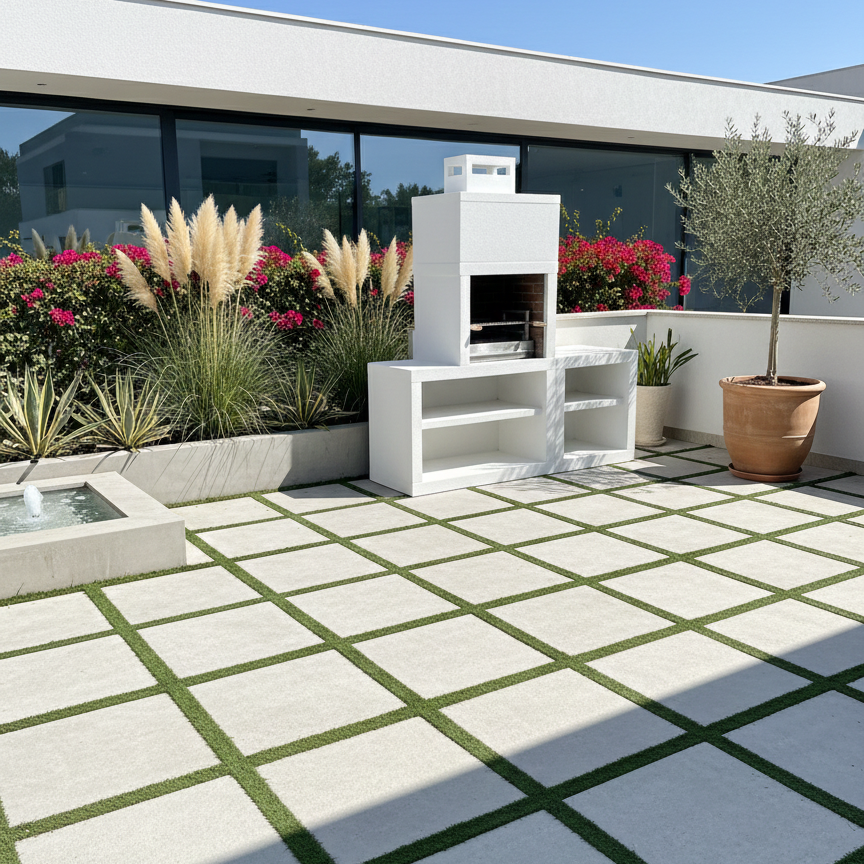 Linea 30 – Cuisine extérieure moderne 200 cm (modules interchangeables) – grilloir acier 60 cm, évier optionnel