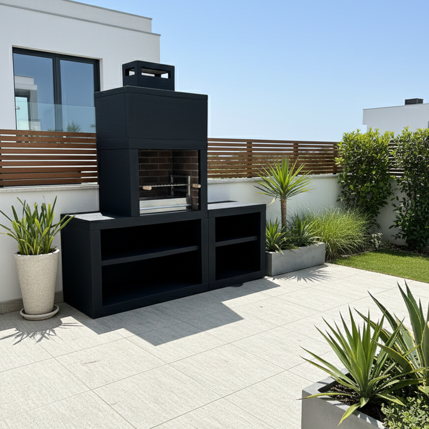 Linea 30 – Cuisine extérieure moderne 200 cm (modules interchangeables) – grilloir acier 60 cm, évier optionnel