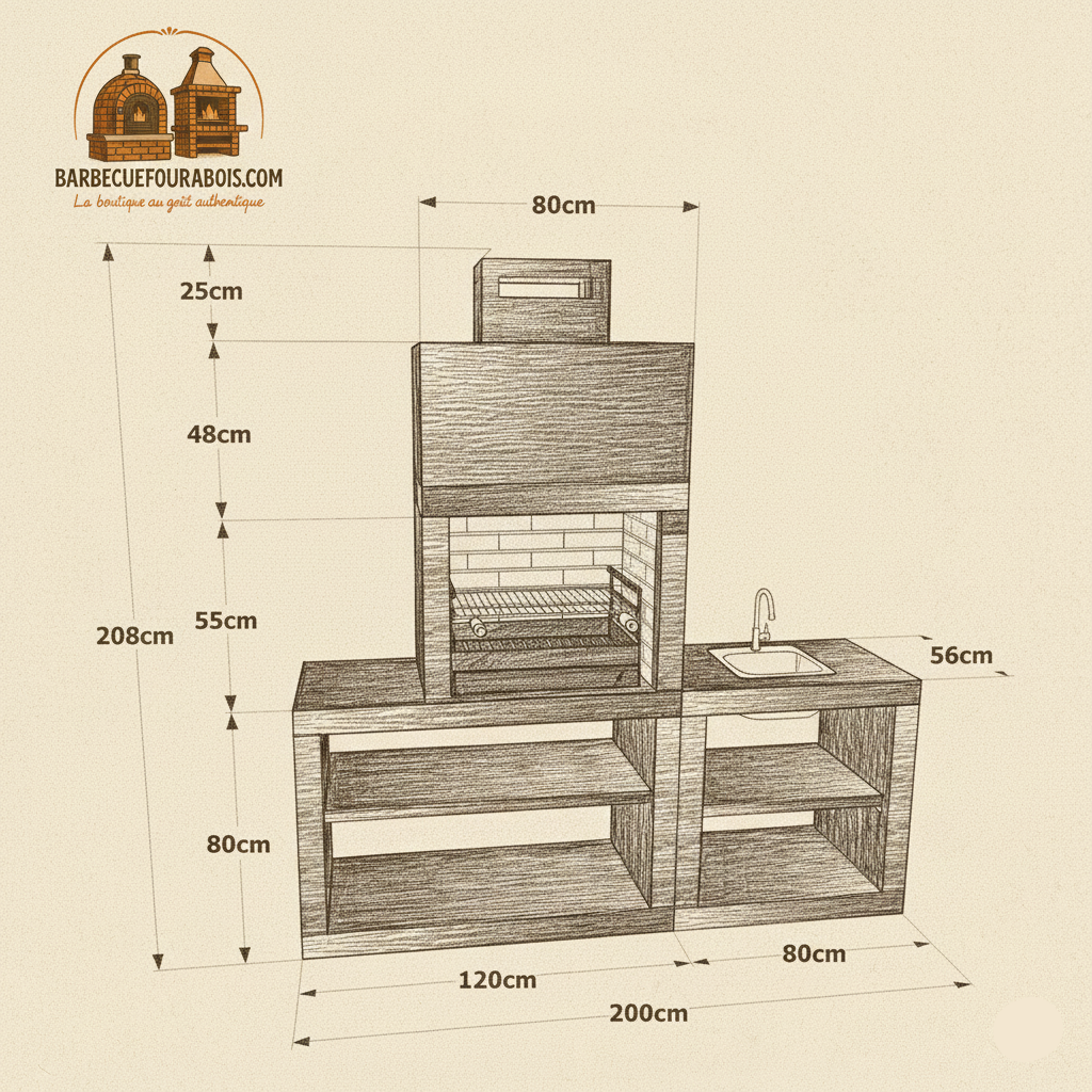 Linea 30 – Cuisine extérieure moderne 200 cm (modules interchangeables) – grilloir acier 60 cm, évier optionnel