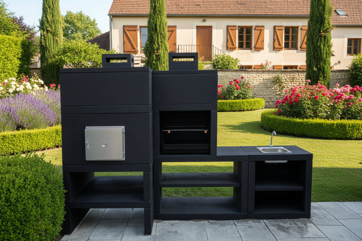 Línea 30F – Cocina exterior modular con Horno Ø80 cm, Parrilla 60 cm y módulo fregadero (opcional)