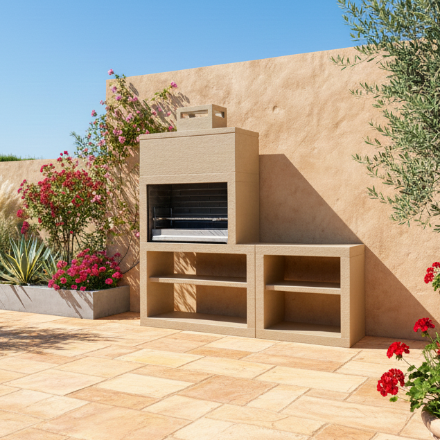 Linea 35 – Cuisine extérieure moderne 200 cm (modules interchangeables) – grilloir acier 80 cm, évier optionnel