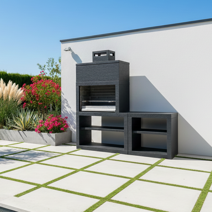 Linea 35 – Cuisine extérieure moderne 200 cm (modules interchangeables) – grilloir acier 80 cm, évier optionnel