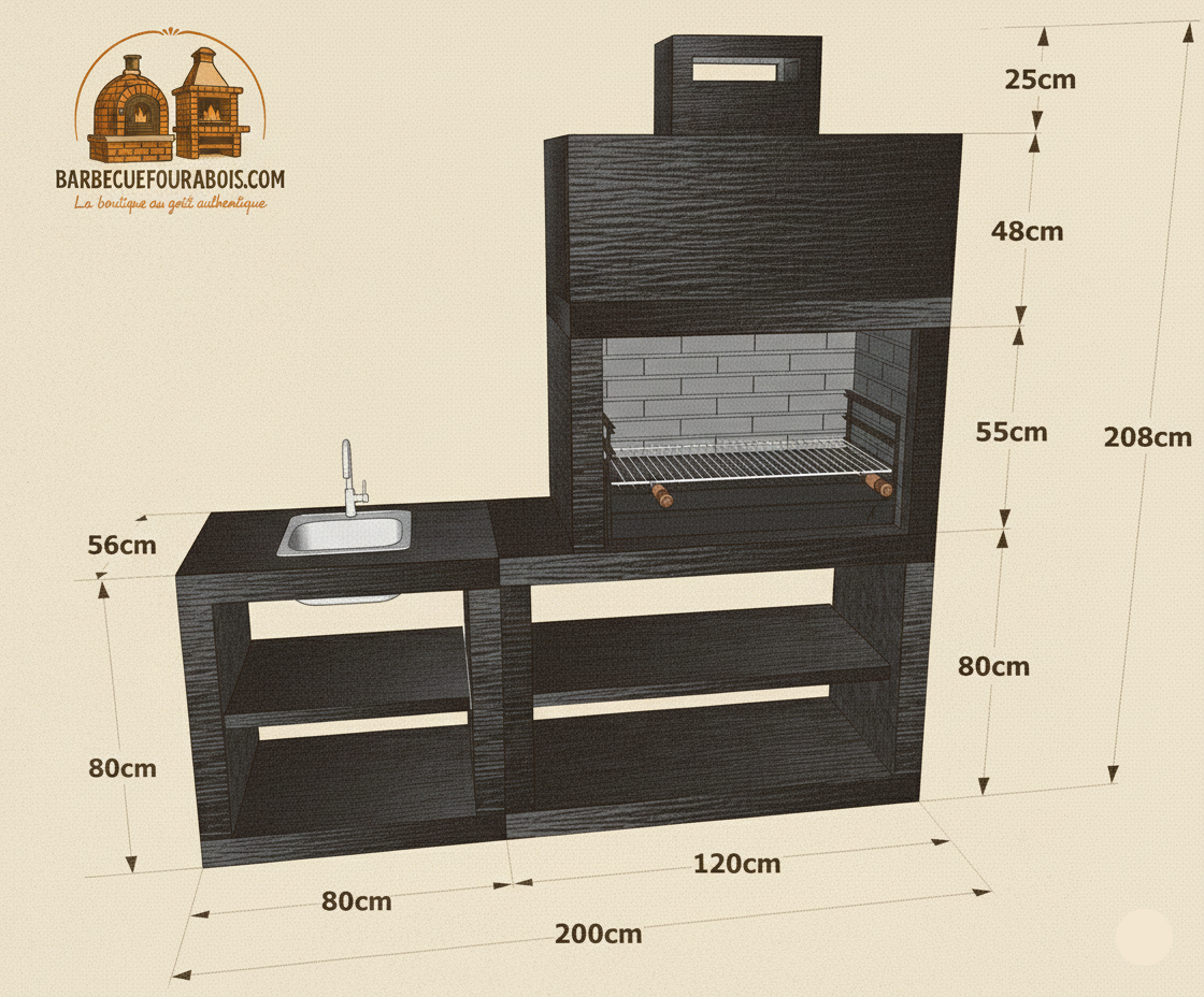Linea 35 – Cuisine extérieure moderne 200 cm (modules interchangeables) – grilloir acier 80 cm, évier optionnel