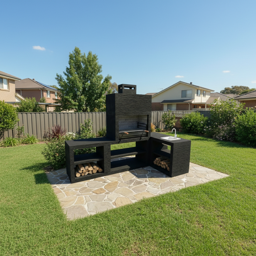 Linea 40 Angle – Cuisine extérieure moderne modulable (évier optionnel) – grilloir acier 80 cm