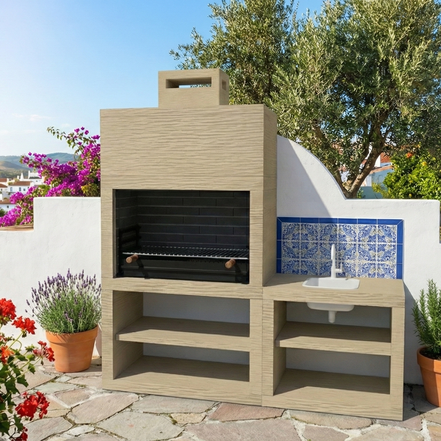 Linea 42 – Cuisine extérieure moderne 200 cm (4 coloris) – grilloir acier 80 cm, évier optionnel