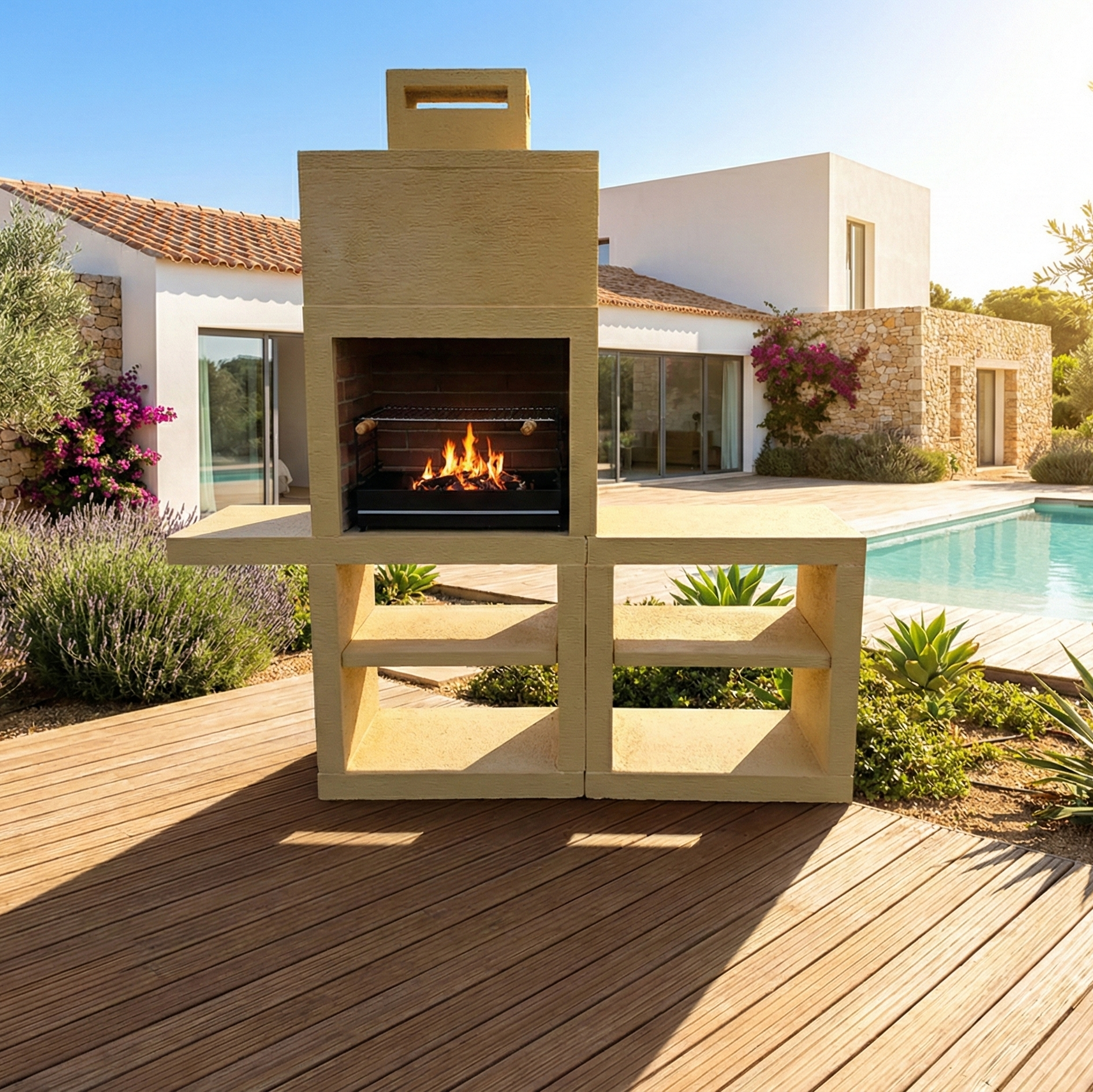 Linea 45 – Cuisine extérieure moderne 200 cm (modules interchangeables) – grilloir acier 60 cm, évier optionnel