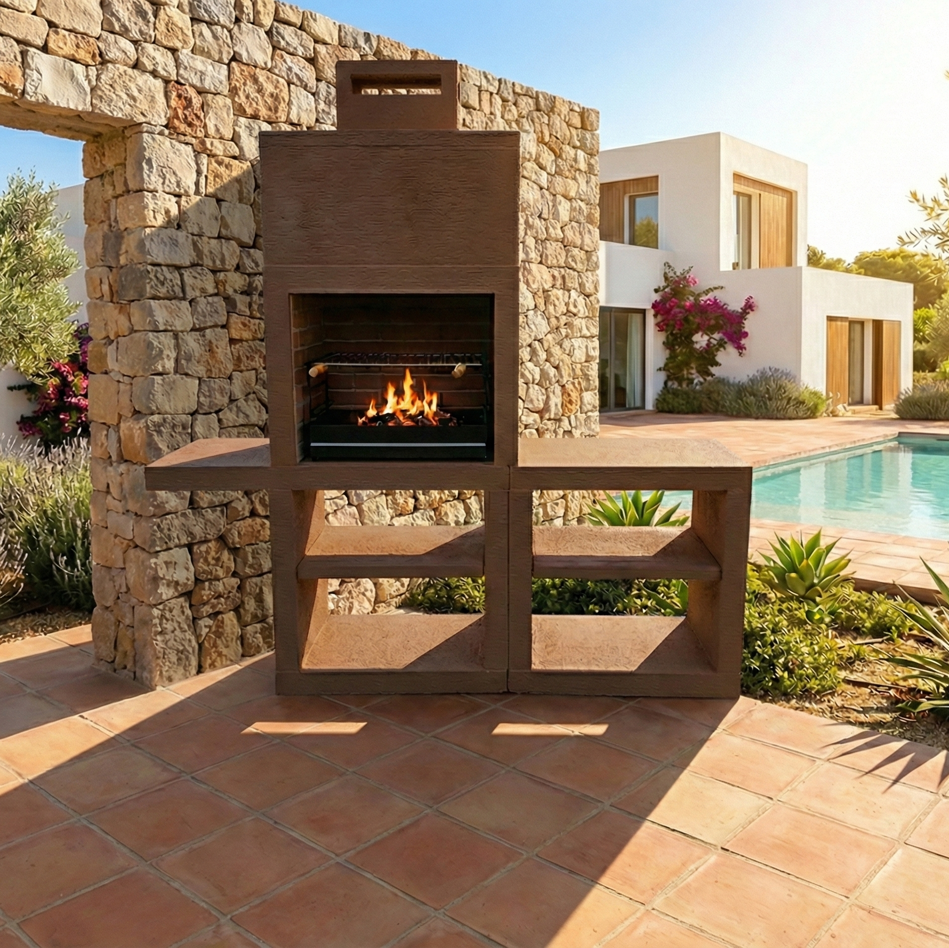 Linea 45 – Cuisine extérieure moderne 200 cm (modules interchangeables) – grilloir acier 60 cm, évier optionnel