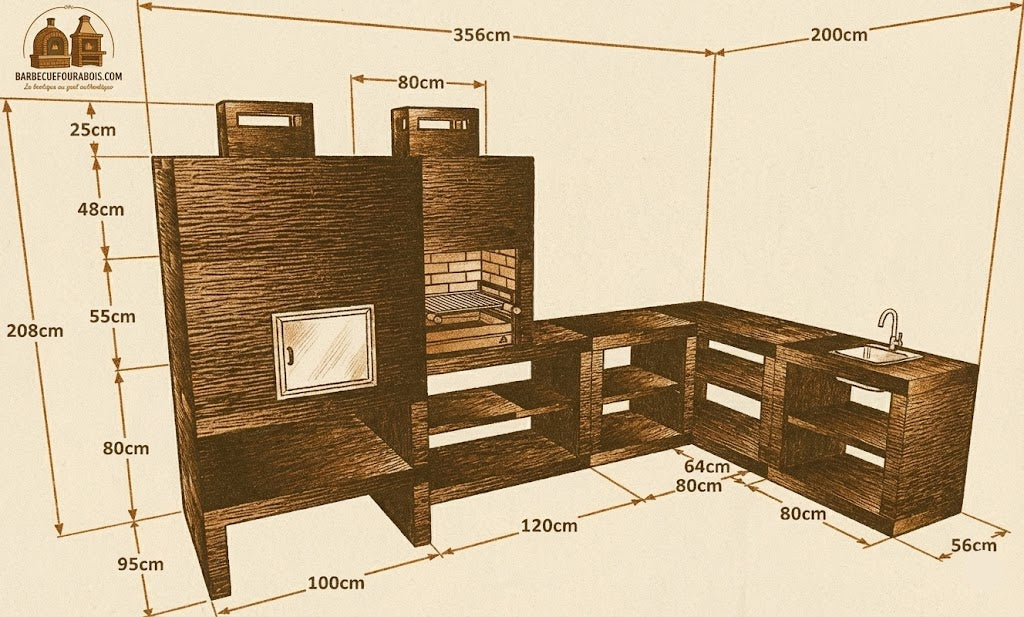 Linea 55F – Cuisine extérieure d’angle modulaire avec Four Ø80 cm & grill 60 cm (évier optionnel)