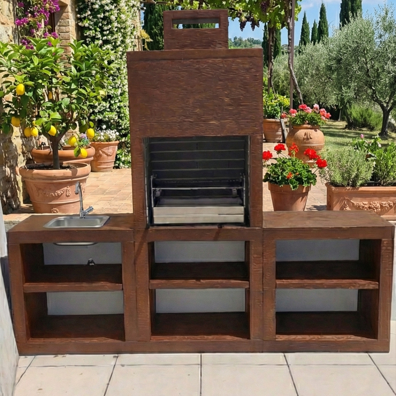Linea 60 – Cuisine extérieure moderne 240 cm (2 modules) – grilloir acier 60 cm, évier optionnel