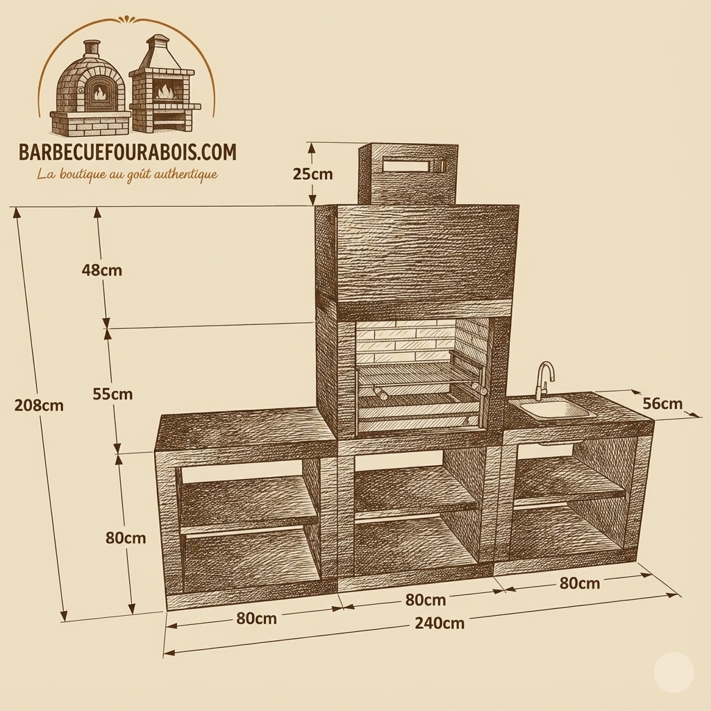 Linea 60 – Cuisine extérieure moderne 240 cm (2 modules) – grilloir acier 60 cm, évier optionnel