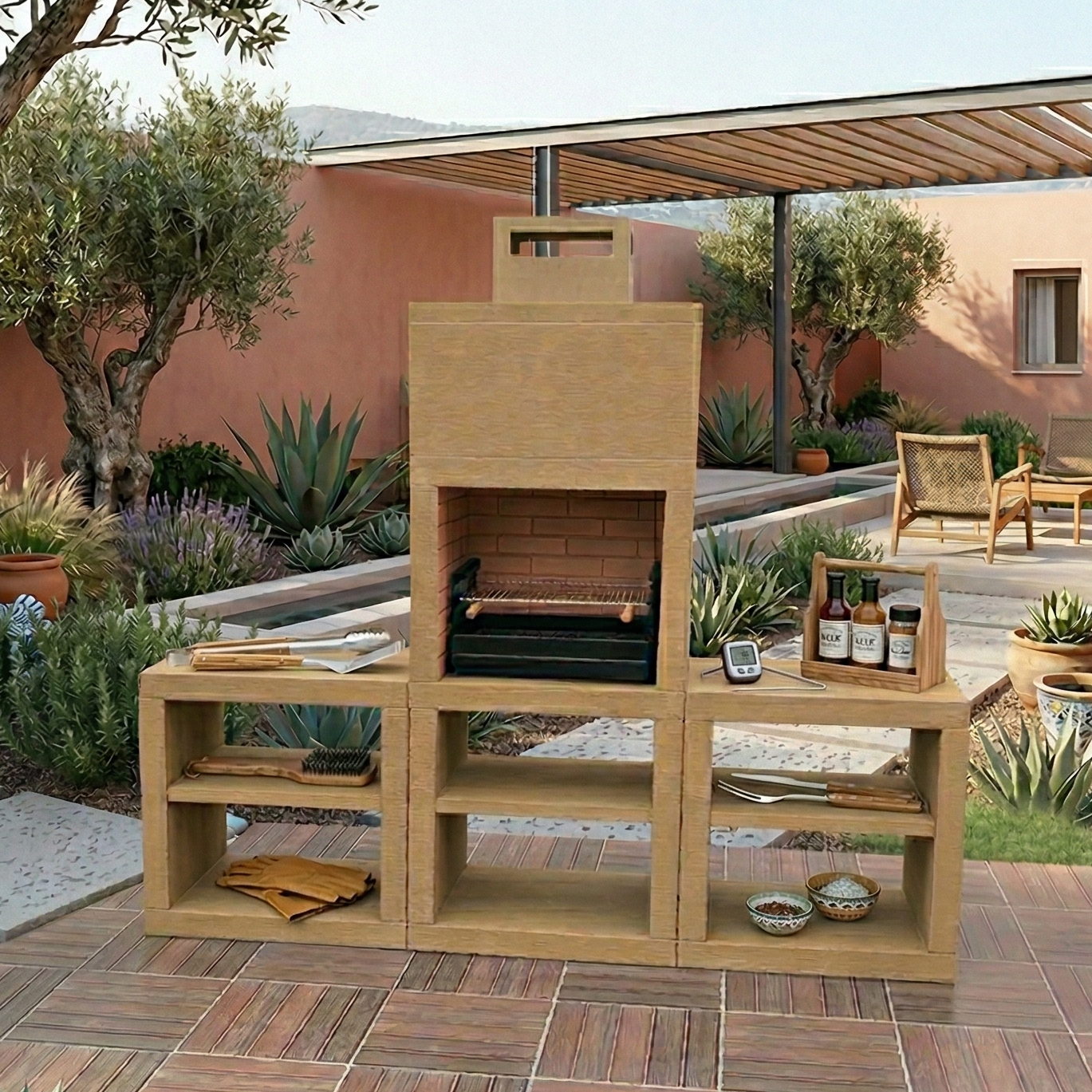 Linea 60 – Cuisine extérieure moderne 240 cm (2 modules) – grilloir acier 60 cm, évier optionnel