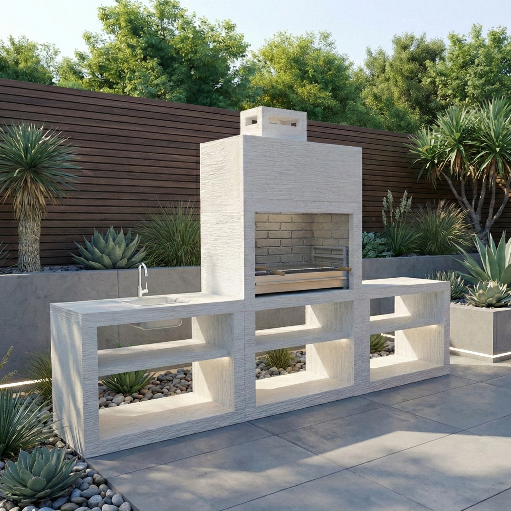 Linea 64 – Cuisine extérieure moderne 300 cm (2 modules) – grilloir acier 80 cm, évier optionnel