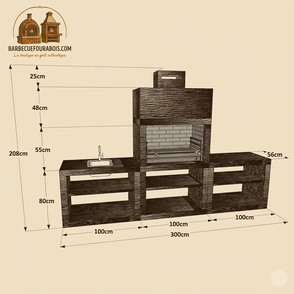 Linea 64 – Cuisine extérieure moderne 300 cm (2 modules) – grilloir acier 80 cm, évier optionnel